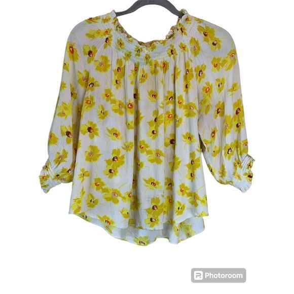 MELLODAY Floral Yellow Woven Blouse With Ruffled Neck & Sleeves Size Large - Picture 1 of 4